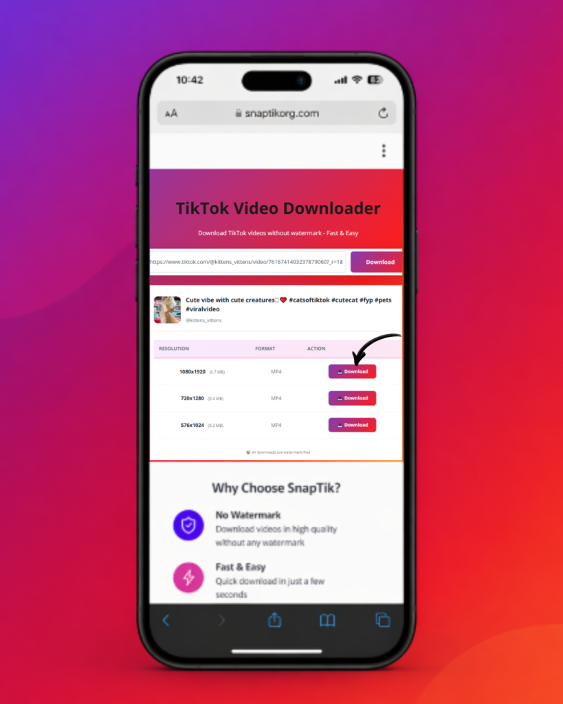 SnapTik: TikTok Downloader Without Watermark (Fast, Free & HD) 5 download the video in desired format containing three options in pixels